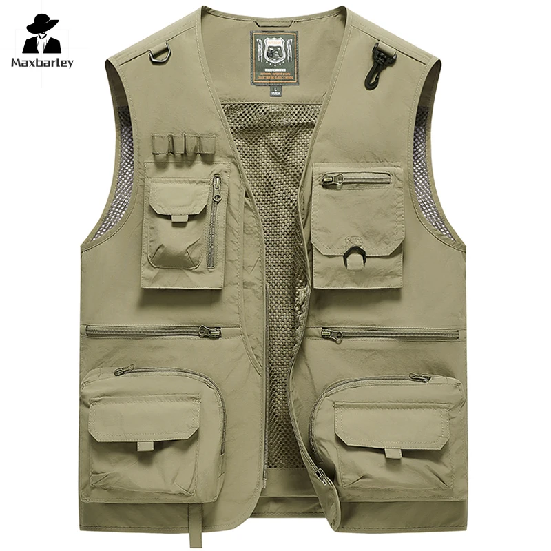 Men's Work Vest Casual Mesh Fishing  Jackets Summer Fashion Large Size 6XL Men Multi Pockets Waistcoat Vest Sleeveless Coat