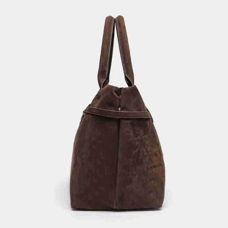 Vintage Suede Handbag Brown Matte Finish Classic Tote with Lock Design Large Capacity Commuter Bag for Women