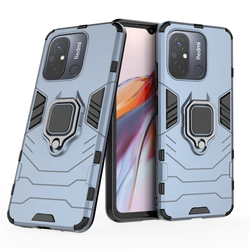 Rugged Shockproof Armor Phone Case with Magnetic Ring Holder and Back Cover in Black