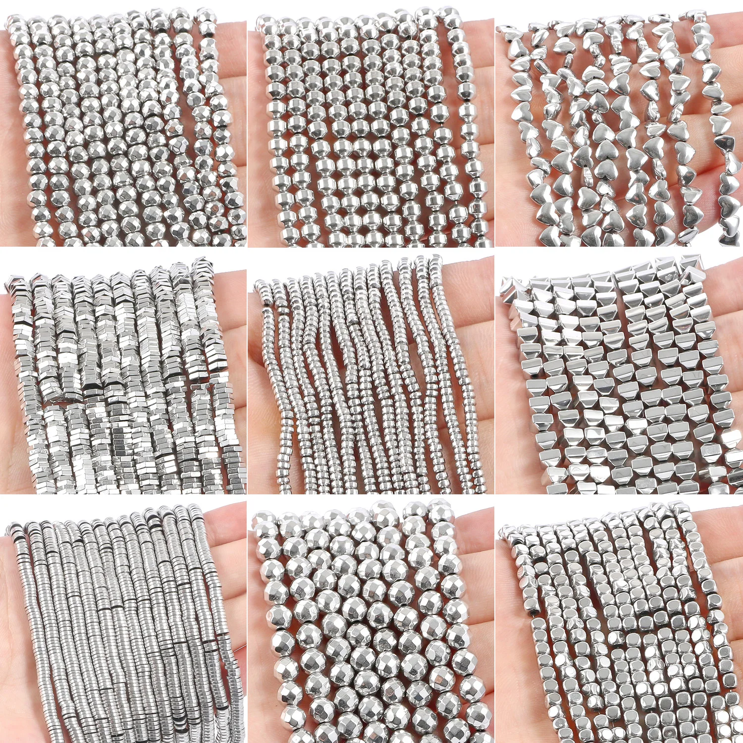 

Wholesale AAA Rhodium Hematite Beads Charms Heart Star Tube Faceted Round Irregular Geometric Shape Beads For Jewelry Making