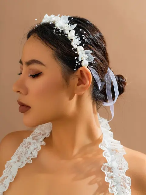 Elegant Bridal Imitated Pearl Headband White Flower Wreath Hair Headdress  Head Hoop Wedding Hair Jewelry