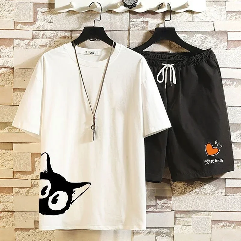 thumbnail image 1 of Conjuntos deportivos Estampados Ropa para hombre Pantalones deportivos Camiseta Ropa deportiva para hombre Conjuntos de pantalones cortos Chándal blanco Top de corte regular para exteriores Suelto XL, 1 of 5