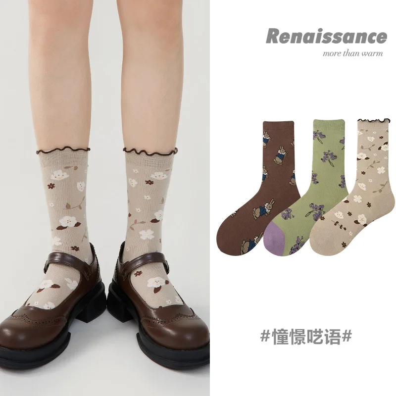 

Autumn Vintage Literary Personality Flower Printing Girl's Socks 2022 New Cotton Cute Little Rabbit Wooden Ear Edge Tube Socks