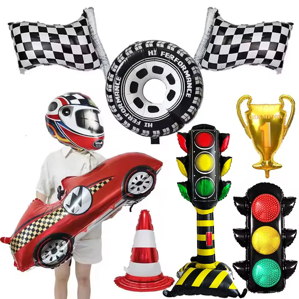 Race-Themed Birthday Party Decoration Set - Balloons, Traffic Cones, Checkered Flags, and Racing Wheel Foil Balloon