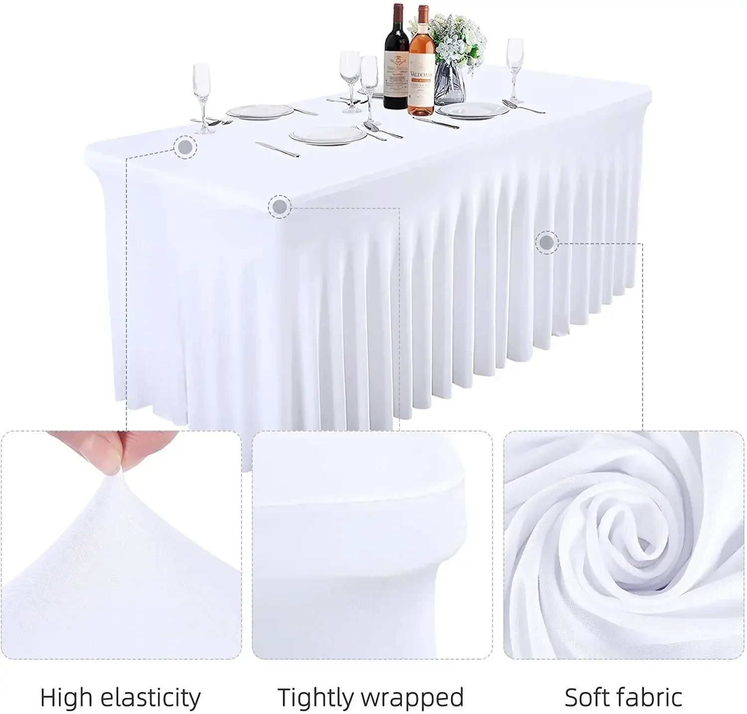 

4ft 6ft 8ft Rectangle Ruffled Spandex Wedding Table Cover Stretch Long Bar Table Cloth Linen Hotel Event Party Table Decoration