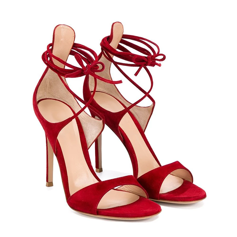 

Women's Peep Toe Lace Up Ankle Strap Shoes Sexy Party Sandals Stilettos High Heels Red Faux Suede Strappy Heels Plus Size 2022