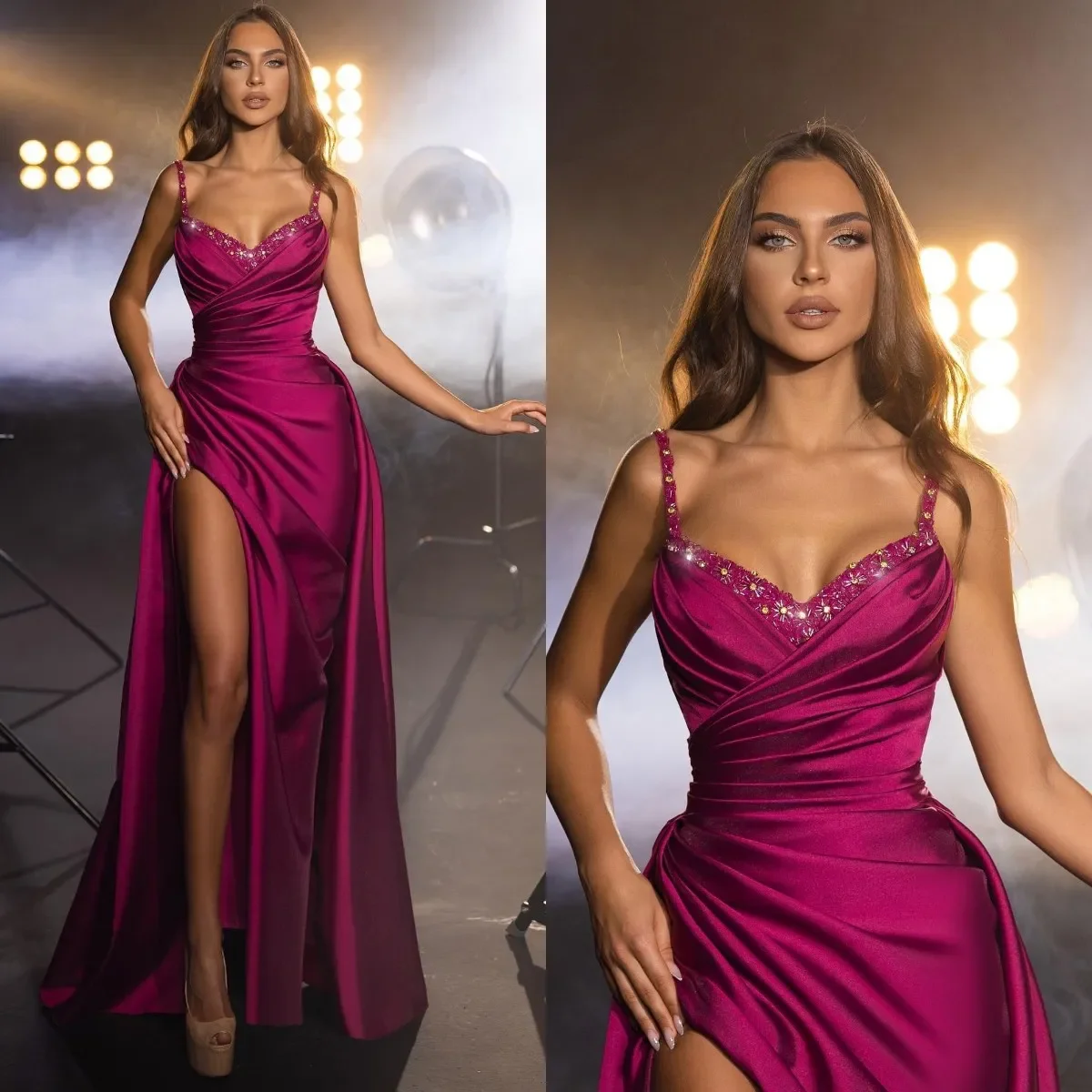 

Fuchsia Mermaid Evening Dresses Straps Party Prom Dress Pleats Split Formal Long Red Carpet Dress For Special Occasion Wear Gown