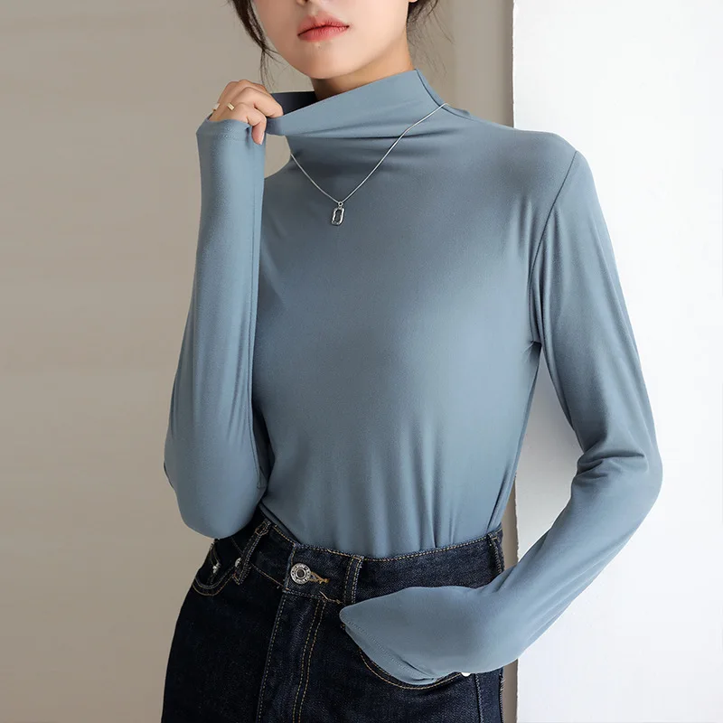 Autumn Women Long Sleeve T-shirt Pullovers Tops Casual Solid Mock Neck Thin Women Long Sleeve Pullovers Female Slim Inner Tops