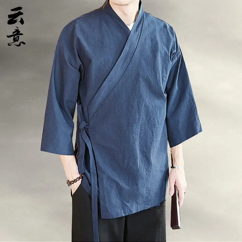 

Men Chinese Traditional Style T-Shirt Ethnic Linen Loose Hanfu Tops Shirt Robe Zen Tea Kung Fu Ancient Retro Tang Blouse Jackets