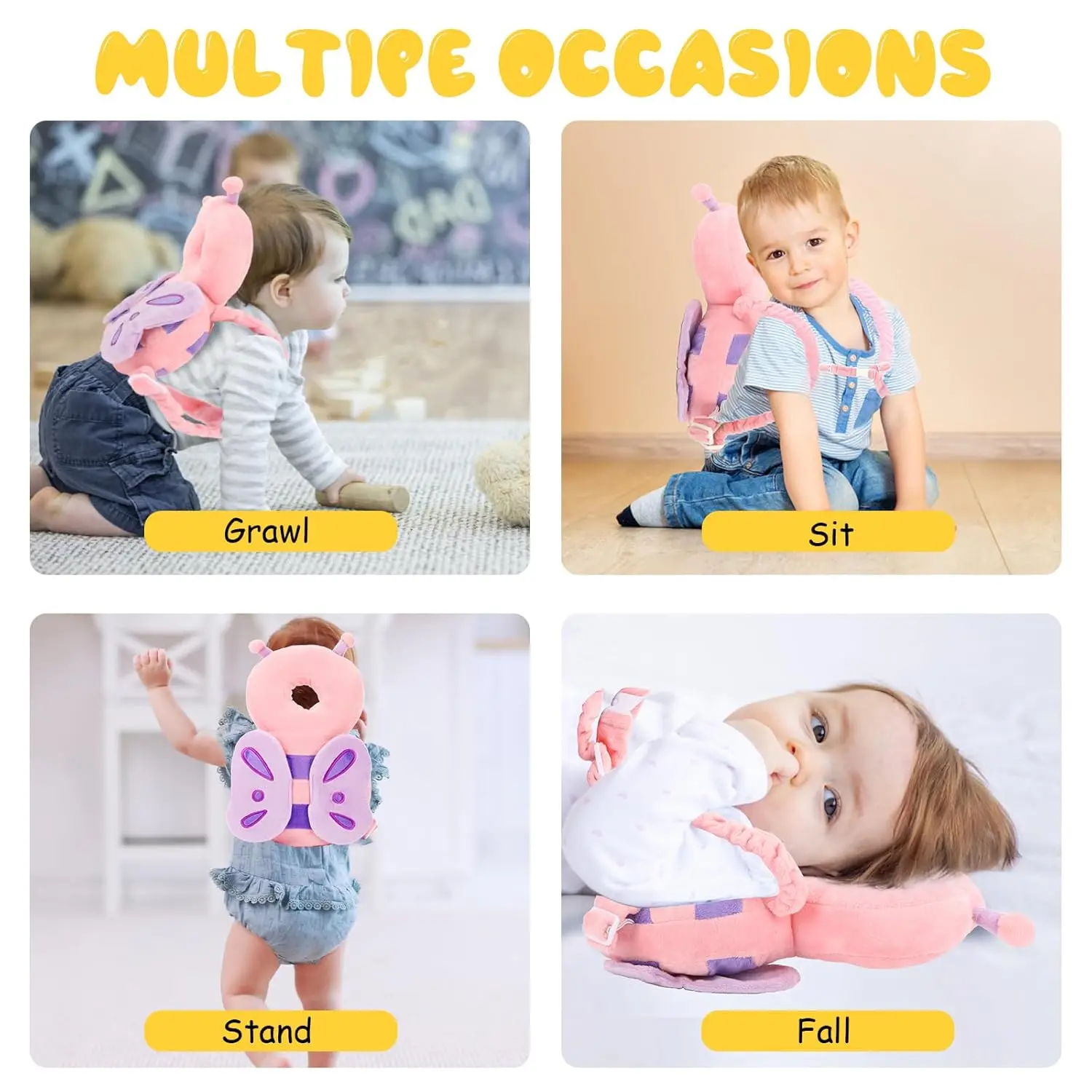 Baby Head Protection Backpack - Soft & Comfortable, Cute Cartoon Design, Pink Butterfly 5