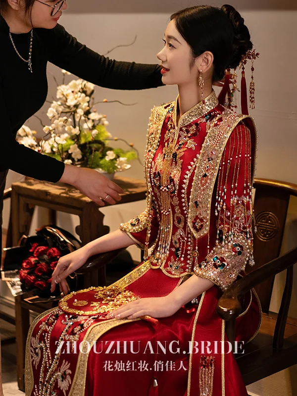 Traditional Chinese Wedding Suit Unlined Garment Gown Bride Xiuhe Suit Wedding And High Luxury Chinese Style Dress Girl