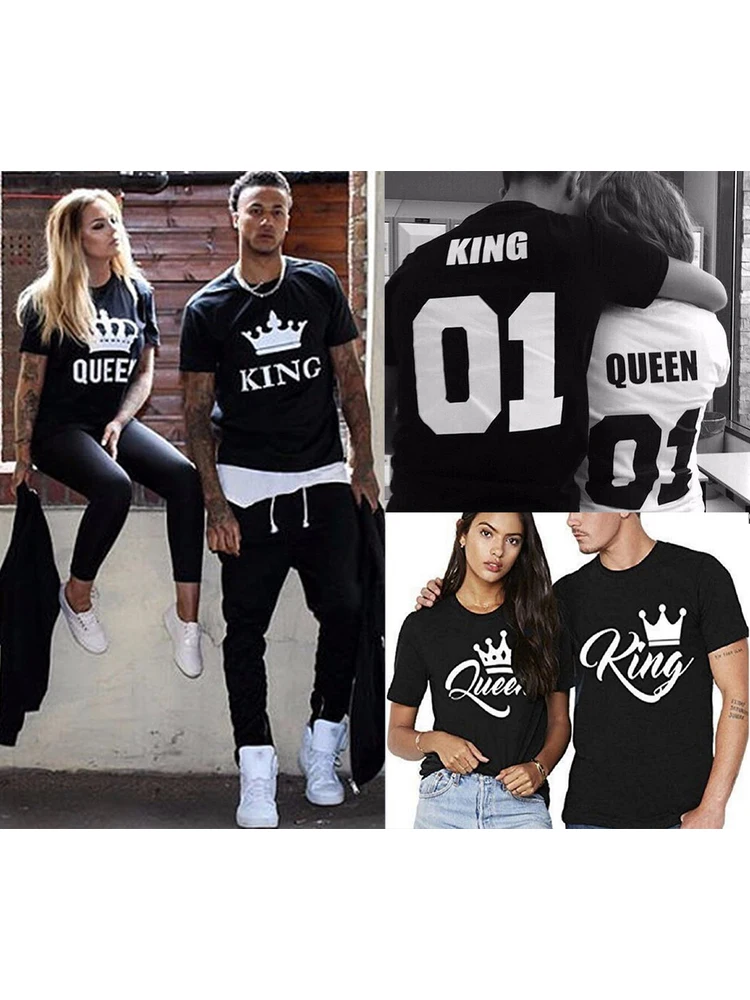 KING QUEEN 편지 크라운 프린트 블랙 화이트 T 셔츠 여름 캐주얼 o 넥..