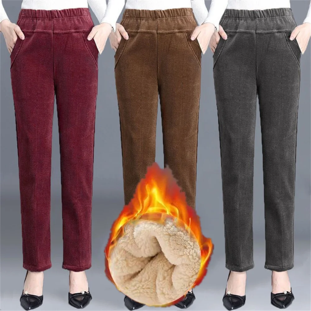Women Winter Warm Pants Cashmere Trousers Vintage Slim Waist Add Velvet Ladies Pants Casual Thickening Corduroy Straight Pants lambswool high waist jeans women s winter warmth slimming slim fit pencil pants the trend of adding velvet and thickening