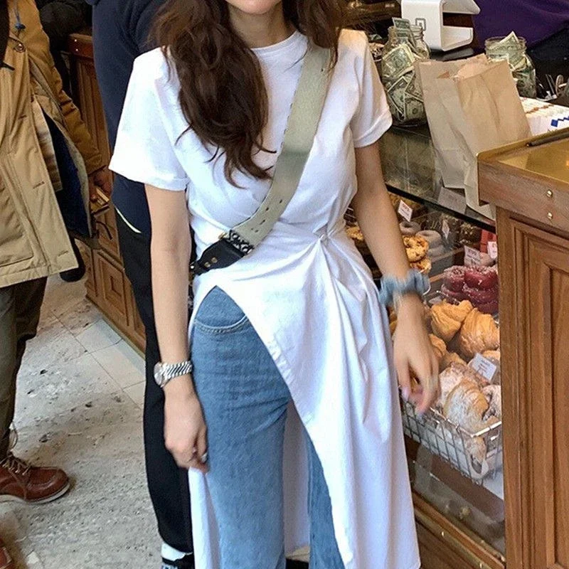 

Summer Loose Irregular Split Short Sleeve White T-shirt Dress Women Casual Robe Wild O Neck Vestidos De Mujer Simple