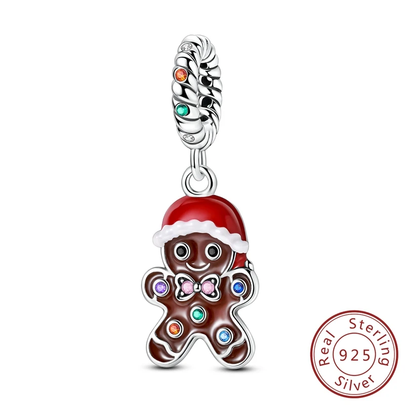 Charms aus 925er Silber, goldener Weihnachtsmann, Lebkuchen-Anhänger, Perlen, passend für Original-Armbänder, Halsketten, Rentier, Schneemann, Damenschmuck, DIY – Detail 14