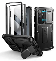 Full Body Rugged Phone Case with Camera Cover, Built - in Screen Protector, and Kickstand - Galaxy S24 Ultra (Black)