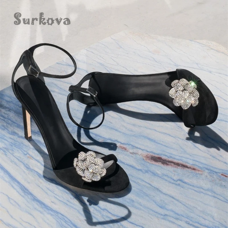 

Roman Crystal Camellia Pumps Fahion Bling Flower Thin High Heels Party Shoes One Strap Peep Toe Ankle Buckle Sexy Fairy Sandals