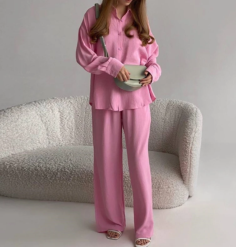 2024Commuter Women Fresh Style Two Piece Color Temperament Solid Color Loose Long Sleeved Shirt High Waist Long Pants Casual Set