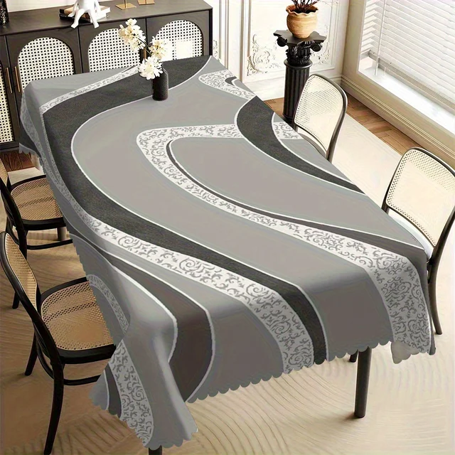 Nappe Moderne Grise à Motif Vague Abstrait, Bordure Florale Blanche, Bord Festonné, Résistante aux Taches, pour Salle à Manger & Style Minimaliste 1