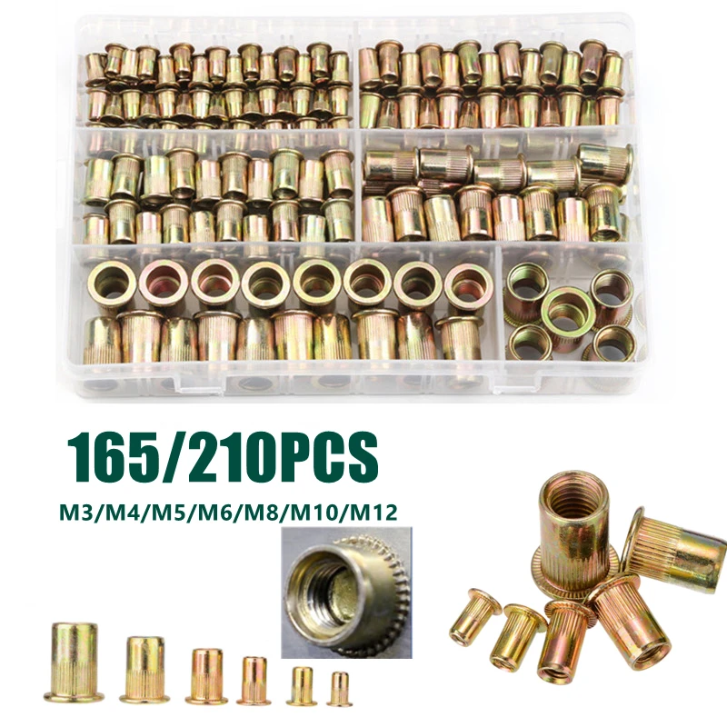 

165/210pcs Carbon Steel Rivet Nuts M3 M4 M5 M6 M8 M10 M12 Flat Head Rivet Nuts Set Hardware Parts Box-packed