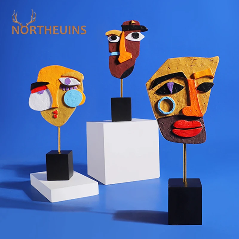 

NORTHEUINS Resin Abstract Human Face Art Painted Figurines for Interior Home Living Room Entrance Office Decoration Accessories