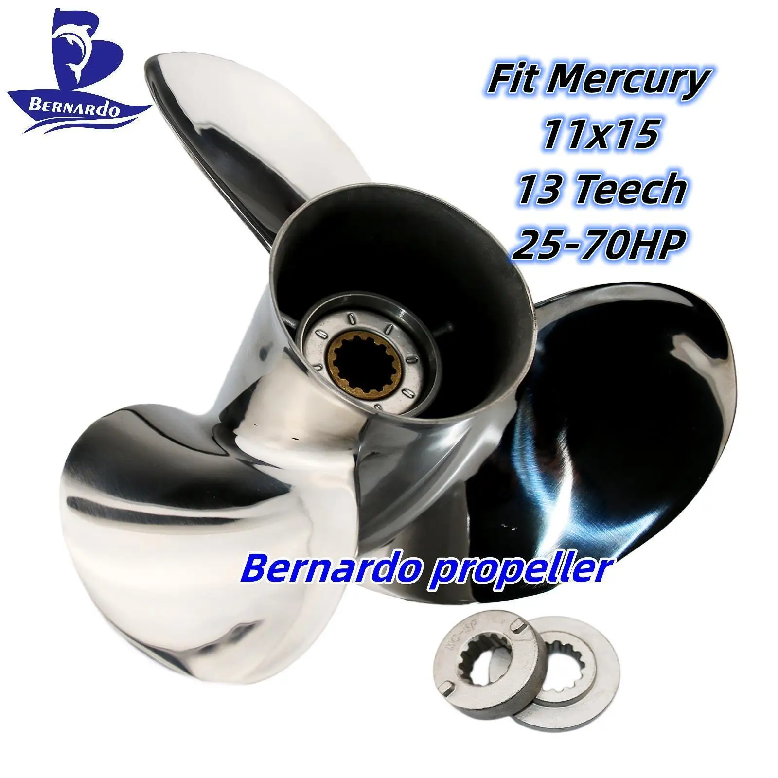 Bernardo Boat Propeller 11x15 Fit Mercury Outboard Engines 25 30 40 48 55 60 70HP Stainless Steel 3 Blade 13 Tooth Spline RH