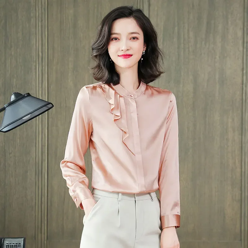 thumbnail image 1 of Blusa elegante de seda pura rosa de principios de otoño para mujer, jersey de manga larga con volantes y cuello redondo, camisa suave y elegante de alta gama a la moda, 1 of 5
