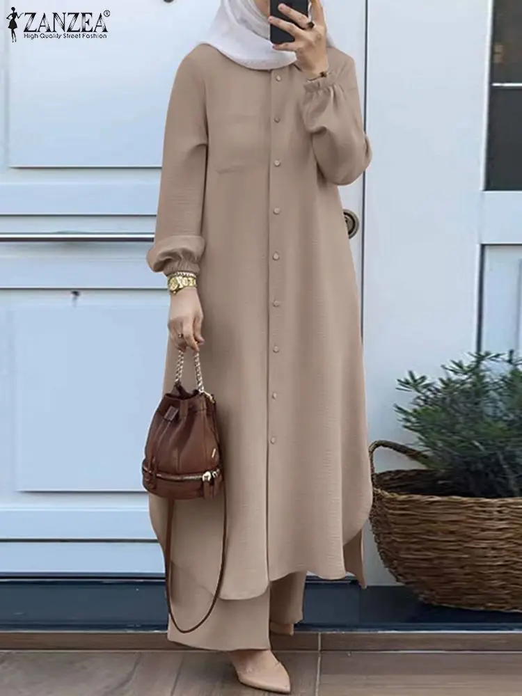 Muslim Sets ZANZEA Vintage Muslim Suit Lapel Neck Long Sleeve Blouse Pant