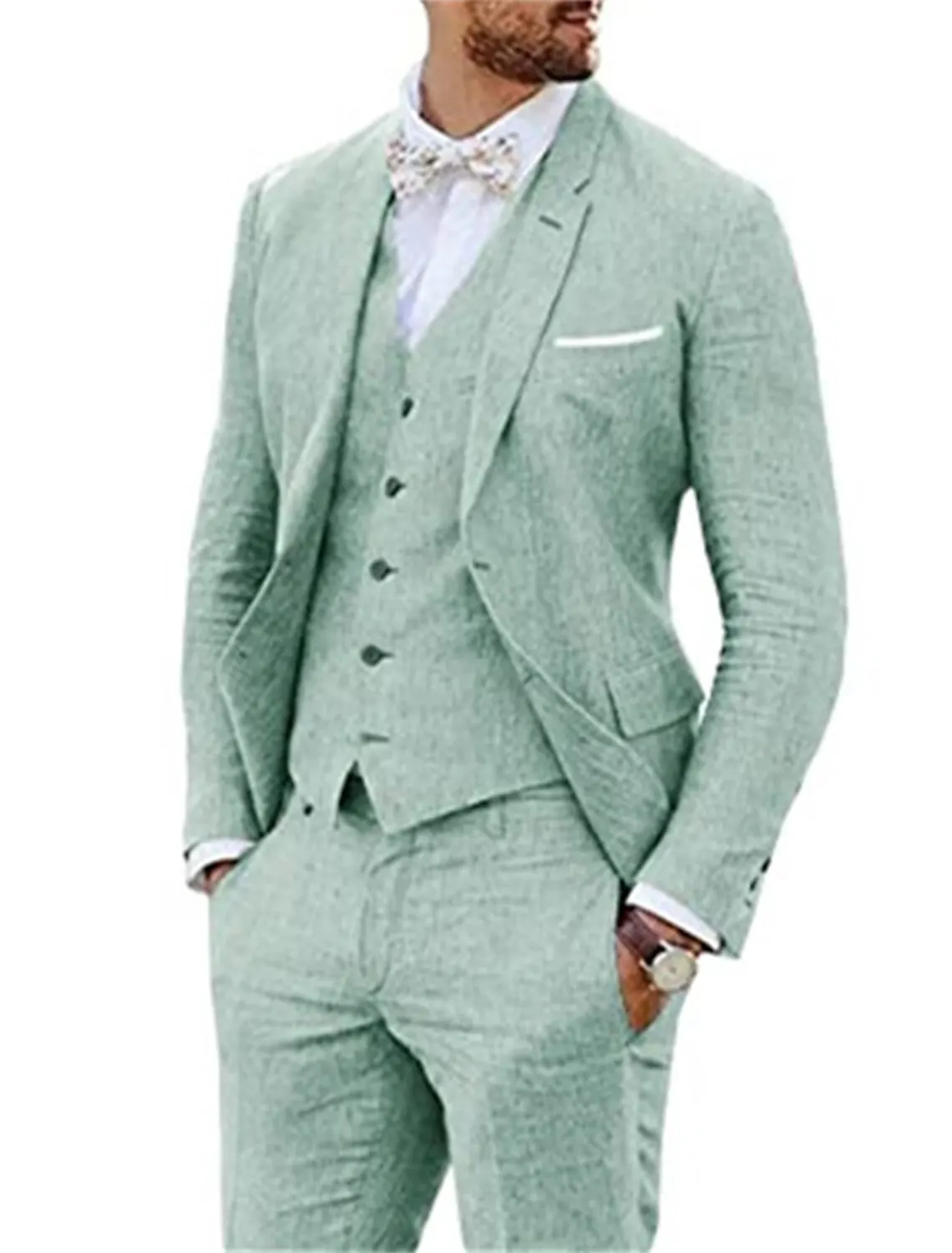 

Светильник мужские льняные костюмы синего, черного, белого цветов, сшитые по индивидуальному заказу, 3 предмета, однотонные, для лета, пляжа, свадьбы