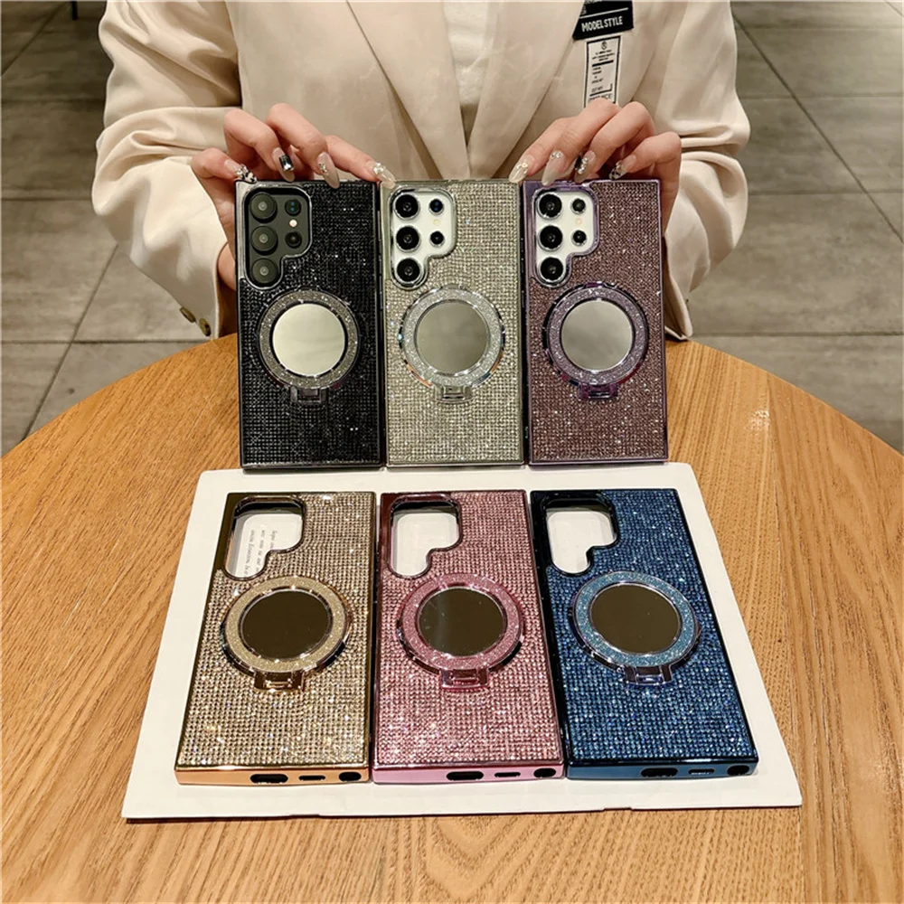 Magnetic Glitter Diamond Phone Case with Mirror Bracket Holder