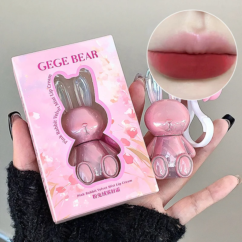 Gege Bear Pink Rabbit Velvet Lip Cream — Adorable Bunny Keychain, Soft Matte Velvet Finish Lip Tint 4