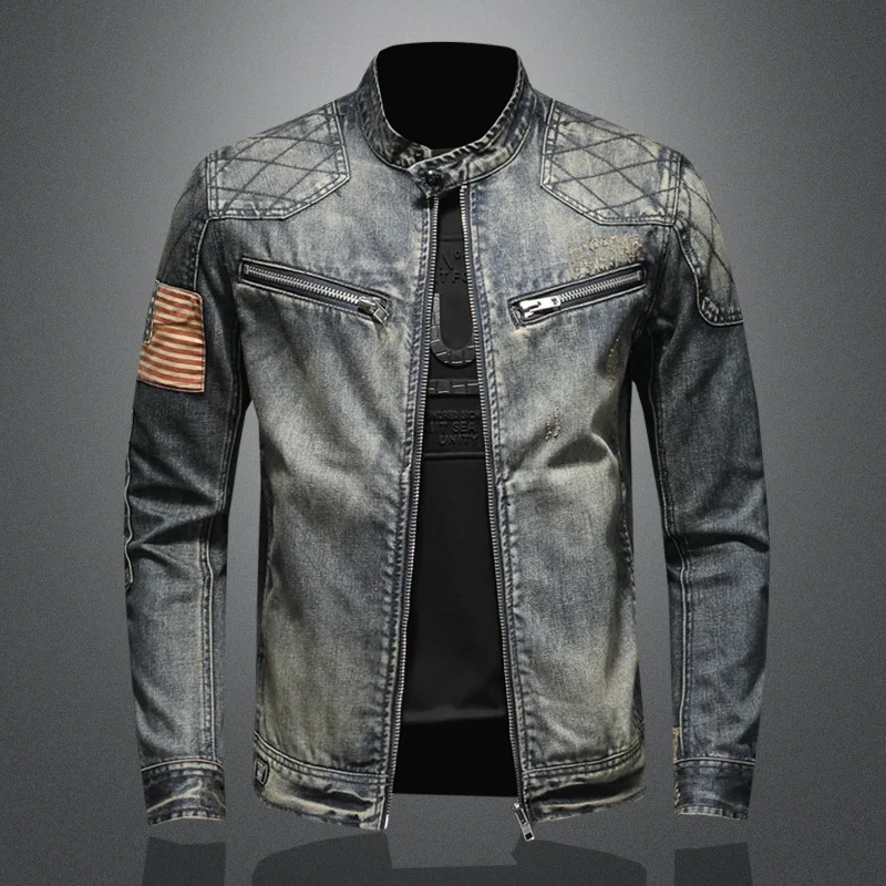 

Men's Spring and Autumn Vintage Color Personality Stand-up Collar Zipper Cowboy Jacket
