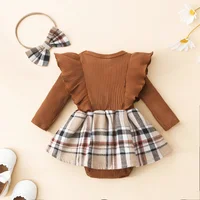 Infant Girl Rompers Dress Plaid Rib Knit Ruffles Long Sleeve Skirt Hem Jumpsuits Newborn Clothes Baby Bodysuits with Headband 2