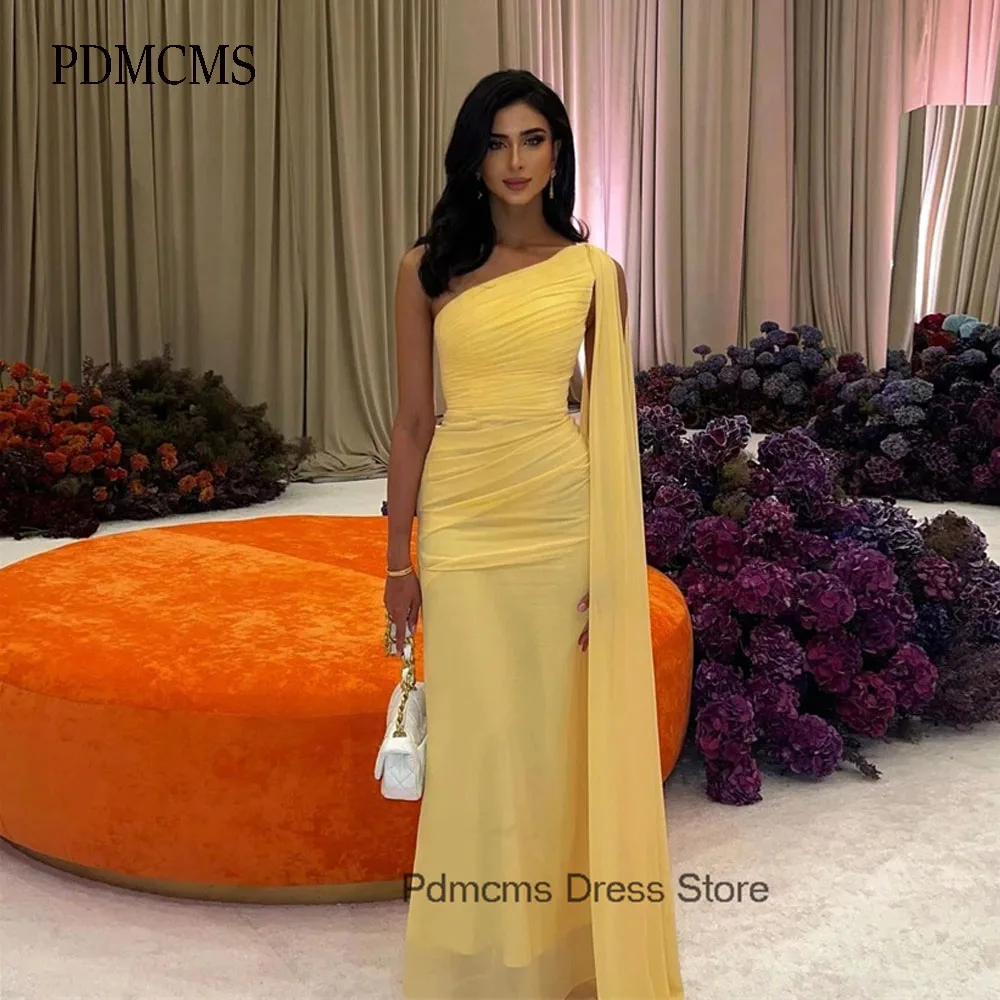 

PDMCMS Yellow Chiffon Long Prom Dresses One Shoulder Pleats Floor Length Evening Dress Arabic Formal Occasion Dubai Party Gowns