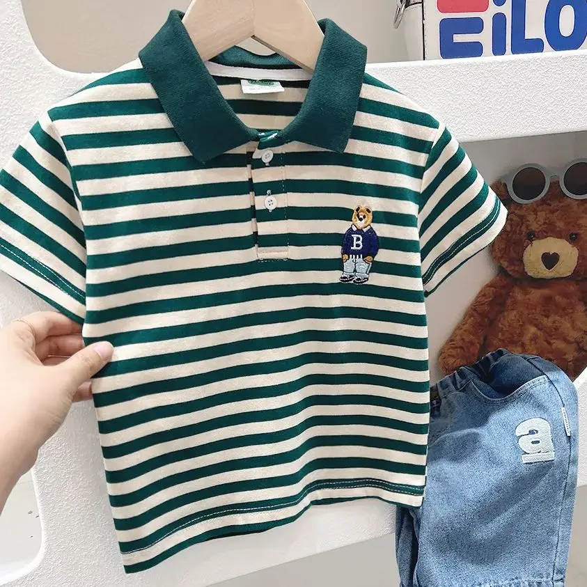 Boys Short Sleeve Tee Polo Shirt For Children 2025 Kids Clothes Striped Graphic Bear T-Shirt Summer Clothes Toddler Casual Tops - 2