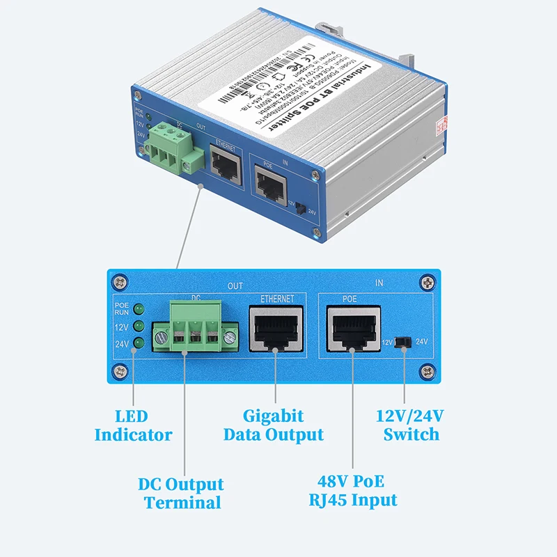 산업용 기가비트 PoE 스플리터, IEEE802.3bt 60W 최대, DIP 스위치 조절 가능 12V/24V DC 출력, 비PoE 카메라, 무선 AP용