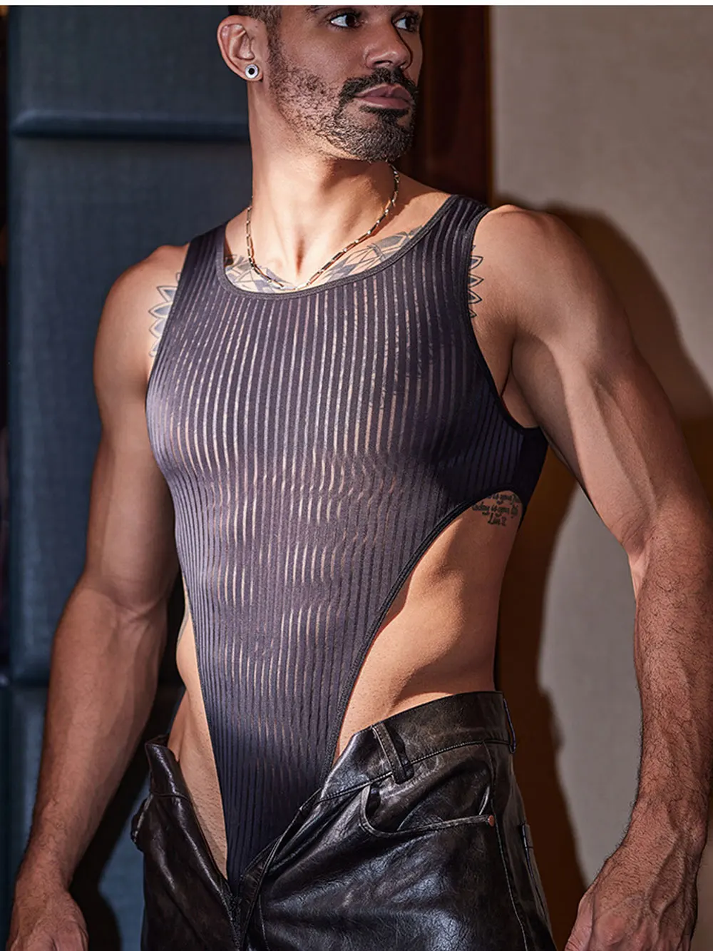 Men Striped Bodysuit Tops Buckle Crotch Open Allure Sheer Transparent Tights Shaper Night Sexy Thong