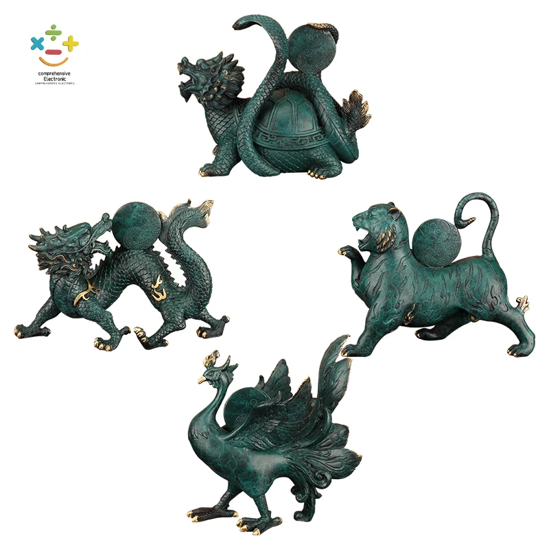

Четыре священных животных, синий дракон, белый тигр, Zhuque Xuanwu, украшения, четыре Бог, животные, все медные цвета, набор в китайском стиле, подарок для рукоделия
