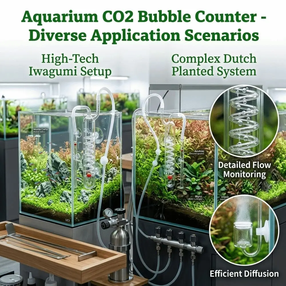 유리 CO2 버블 카운터 흡입 컵이 있는 고투명 CO2 디퓨저 실용적이고 버블 분무기를 막지 않는 실용적인 디퓨저 플랜트 탱크