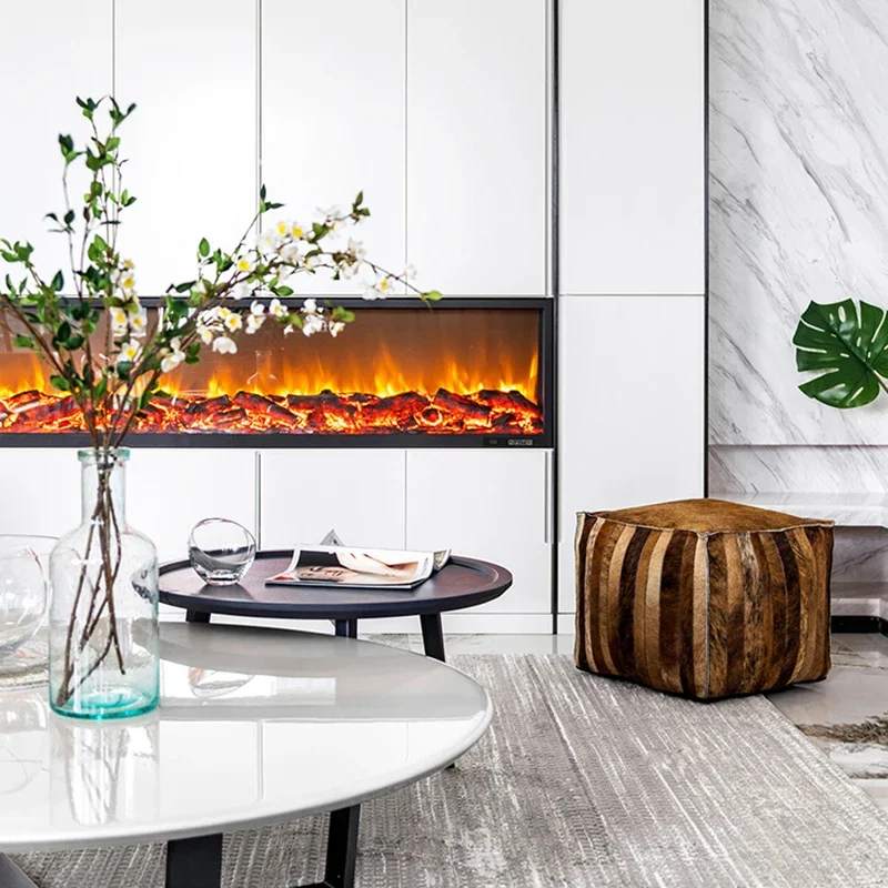 Fireplace Indoor 2D Real Flame Decorative Electric Fireplace Wall Mounted Electric Glass Modern Wood Charcoal TvStand
