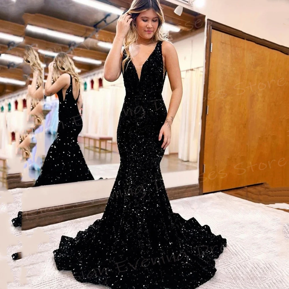 

Classic Sexy Black Women's Mermaid Charming Evening Dresses V Neck Sequined Beaded Prom Gowns Backless فساتين سهرة شارون سعيد