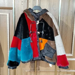 High Quality Fashion Winter Women Jacket 2023 New Contrast Color Mink Velvet Stitching Long Sleeve Hooded Fur Coat Casual