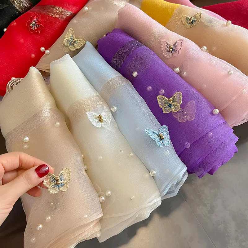 Luxury Brand Women Scarf Thin Summer Lady Beach Stitch Butterfly Shawls With Pearl Muslim Fashion Foulard Female Hijab Headscarf