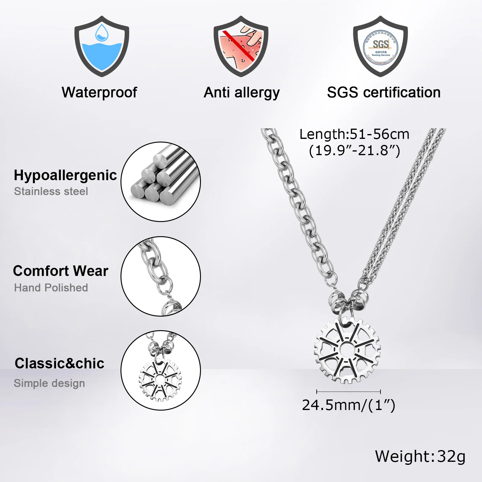 Mprainbow Punk Gear Pendant Necklaces for Men Boys, Ins Hip-hop Design Two Different Chains Splicing,New Valentine's Day Gift