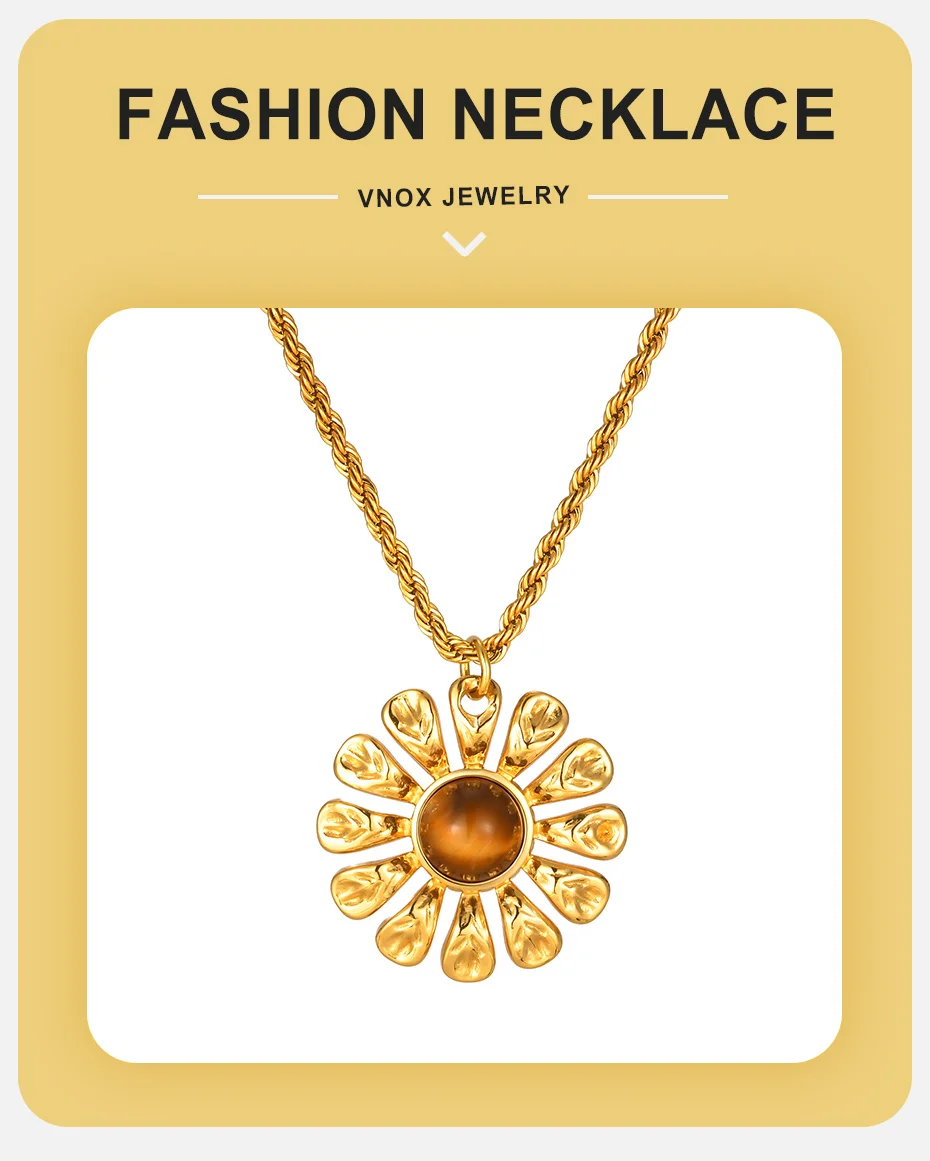 Vnox Trendige Goldfarbene Gedrehte Kette mit Blumen-Tigerauge-Anhänger, Edelstahl-Seilkette Anhänger-Schmuckzubehör – Detail 1