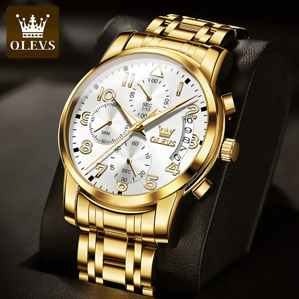 

OLEVS Fashion Watch for Men Luxury Golden Stainless Steel Men's Watches Chronograph Luminous Dial Quartz Wristwatch Reloj Hombre