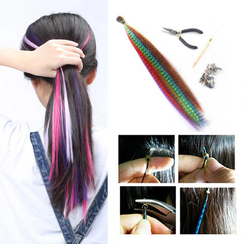 1Set Veer Haar Kit Glad Met Haaknaald Multicolor Hair Extensions Veren Voor Thuis| | AliExpress