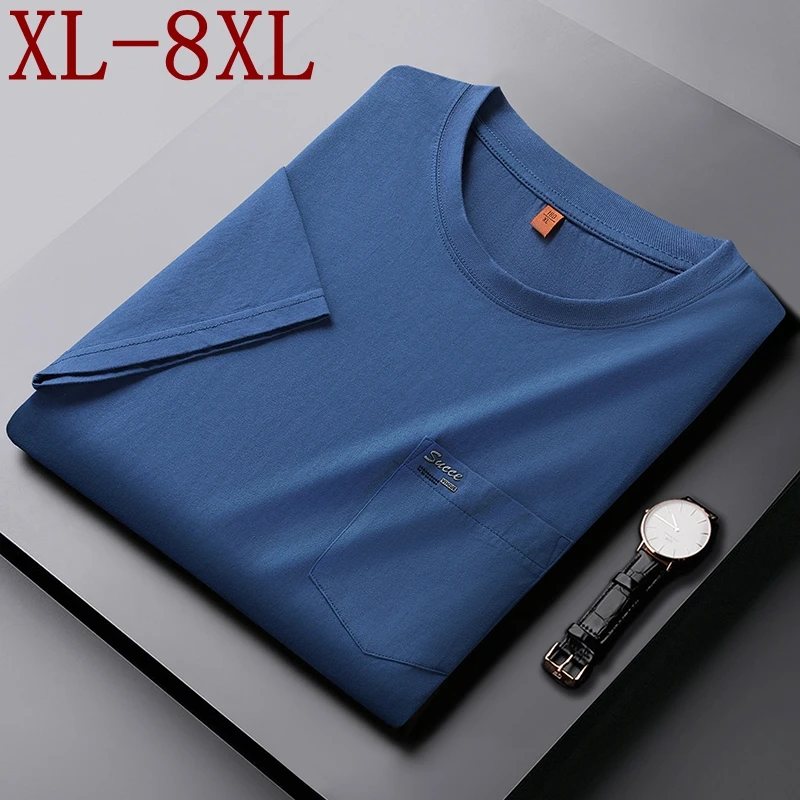 

8XL 7XL 6XL 2024 New Summer High End Luxury 100% Cotton T Shirt Men Short Sleeve O-Neck Mens Tshirt With Pocket Casual Male Tees