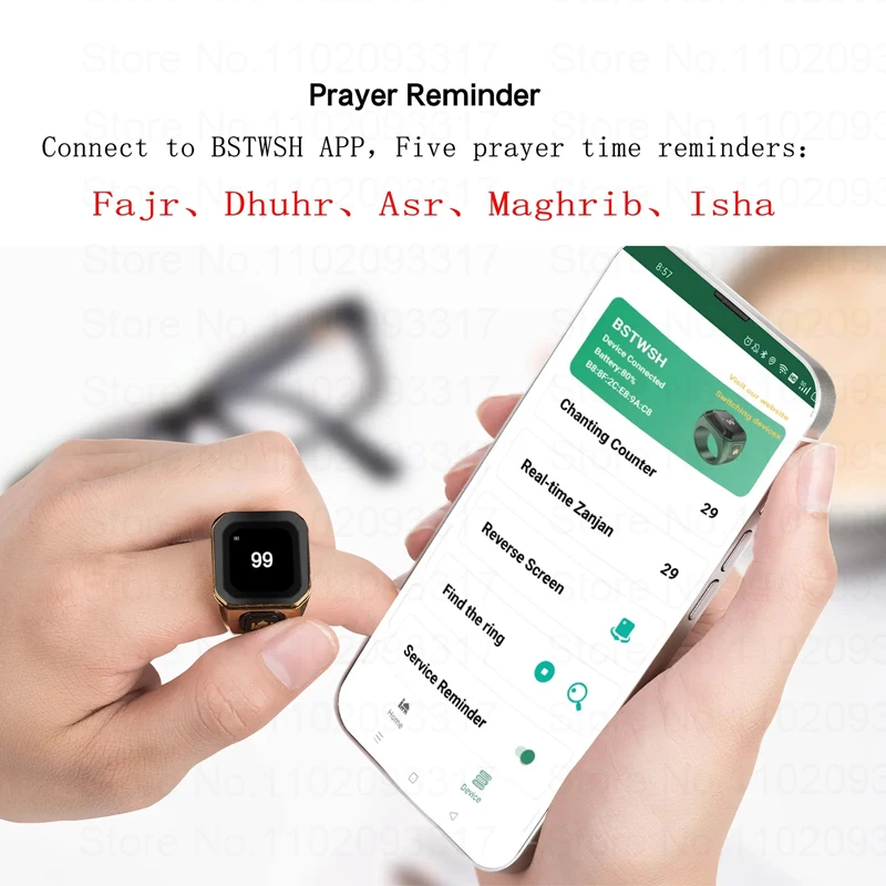 Bstwsh Zinc Alloy Tasbih Zikr Ring for Muslims Tasbeeh Digital Smart Counter 5 Prayer Time Reminder Bluetooth 4