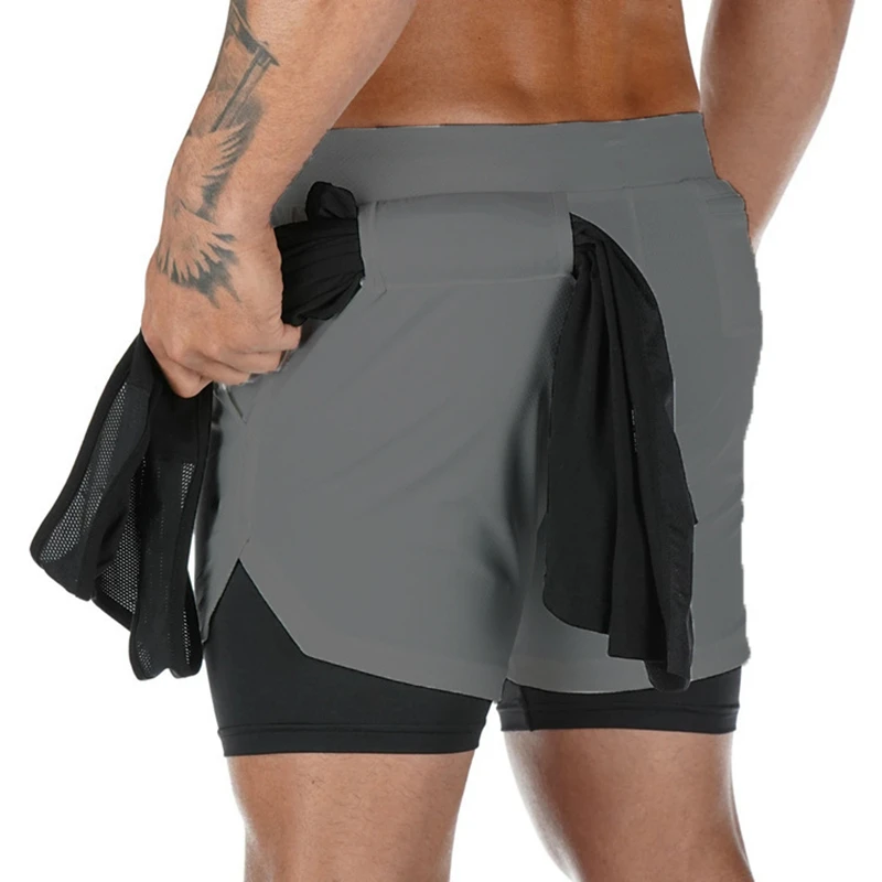 

2022 Running Gym Men 2 in 1 Sports Jogging Shorts Squat Training Fitness Shorts Quick Dry Zipper Pockets Shorts